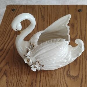 White Ceramic Swan Planter with Floral Accents